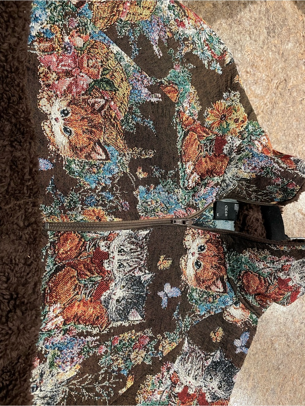 Cider Brown Sherpa Jacket with Floral Cat Print Yoke - Picture 6 of 7